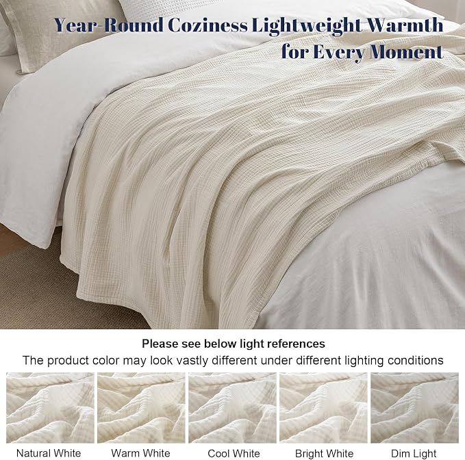 PHF 100% Cotton Muslin Throw Blanket 50" x 60", 4-Layer Lightweight and Breathable Blanket, Luxuriously Soft Gauze Throws for Couch Bed Sofa, Ideal Gift Choice, Oat Milk (Pack of 2)