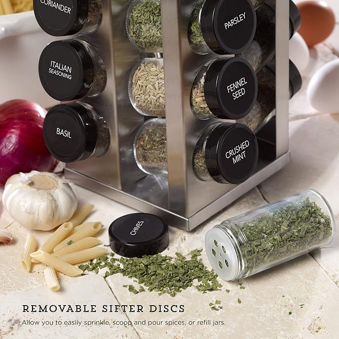 Kamenstein 20 Jar Heritage Revolving Countertop Spice Rack Organizer with Spices Included, FREE Spice Refills for 5 years, Brushed Stainless Steel with Black Caps