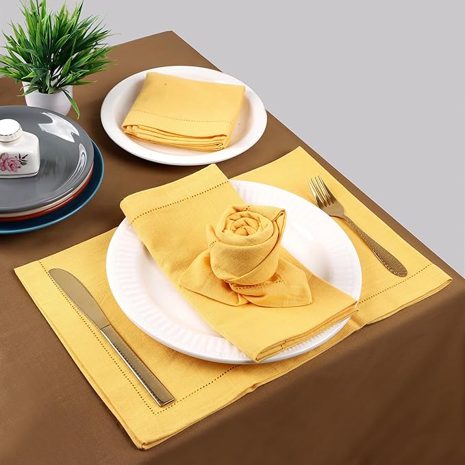 FINGERCRAFT Cloth Napkins, Hemstitched Napkins Cloth, 20 x 20 Inch Generous Picot Hem and Mitered Corner, Everyday Use Premium Quality Perfect for Parties Dinners Weddings Cocktail Set of 6 Daffodil