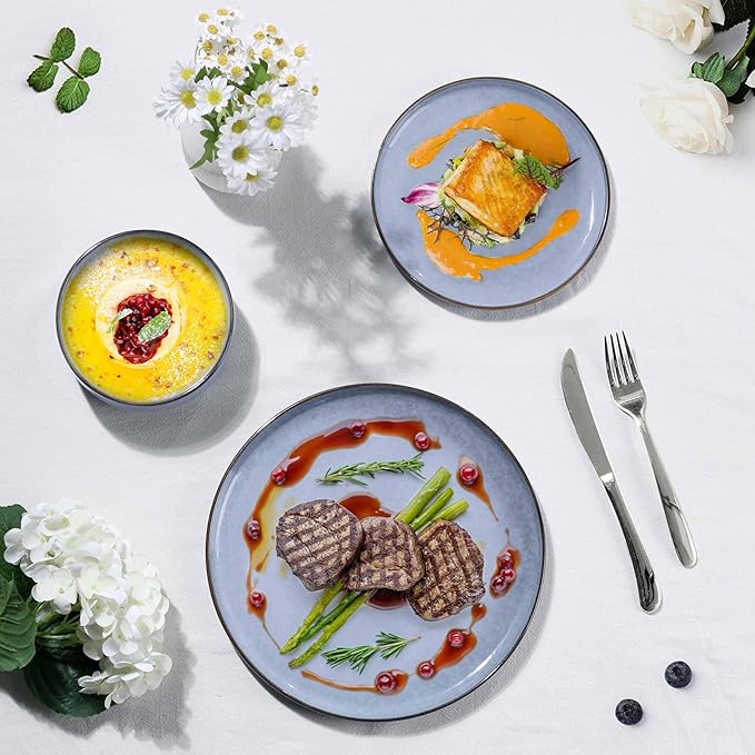 Herogo 18-Piece Stoneware Dinnerware Sets for 6, Stackable Dinner Plates and Bowls Sets, Double Reactive Glaze Dishware Place Setting for Kitchen, Scratch Resistant, Microwave Safe, Haze Blue