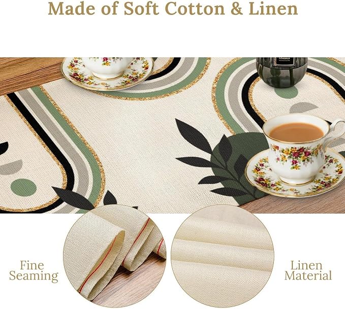 YCness Mid Century Boho Table Runner, Green Abstract Modern Sun Moon Minimalist Plants Table Runner for Bedroom Living Room Kitchen Laundry Room 13x70 Inch