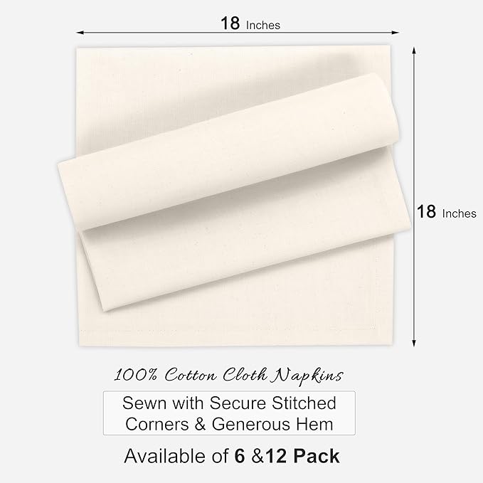 Ruvanti Cloth Napkins Set of 6, 100% Cotton High GSM 18x18 Inches Soft, Washable, Highly Durable & Absorbent, Perfect for Parties, Christmas, Thanksgiving Dinners – Natural Color