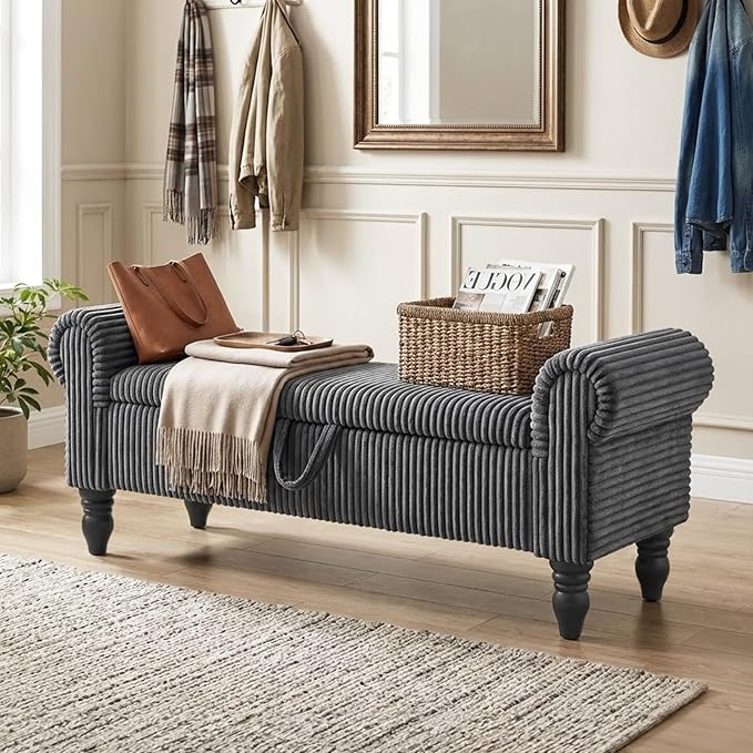Storage Bench for Bedroom, Ottoman with Storage, Upholstered Ottomans Benches with Rolled Arm for Bedroom End of Bed, Living Room, Entryway (Gray)