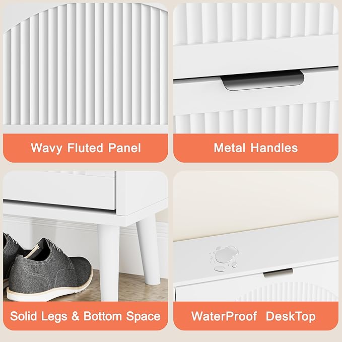 Shoe Storage Cabinet with 6 Flip Drawers, Narrow Wood Shoe Organizer Cabinet with Fluted Panel, Slim Shoe Rack for Entryway, Freestanding Shoe Cabinet for Living Room, Hallway, White