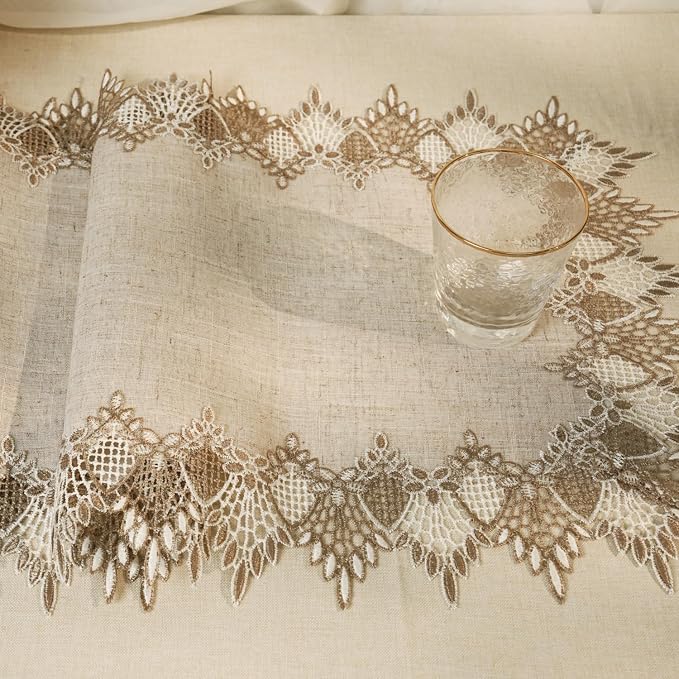 Phantomon Neutral Linen Table Runner 51 Inches Beige Embroidered Runner Lace Centerpiece for Dresser Tops, Dining Tables, Coffe Table and Home Decorations for Farmerhouse (Beige, 16 X 51 Inch)