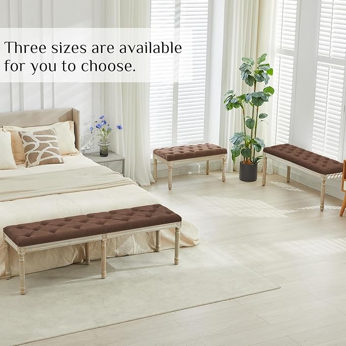LOULENS 43.9" Linen Fabric End of Bed Bench, Vintage French Upholstered Button Tufted Entry Bench, Window Seat with Carved Wood Legs for Bedroom, Living Room, Entryway, Foyer, Hallway, Brown