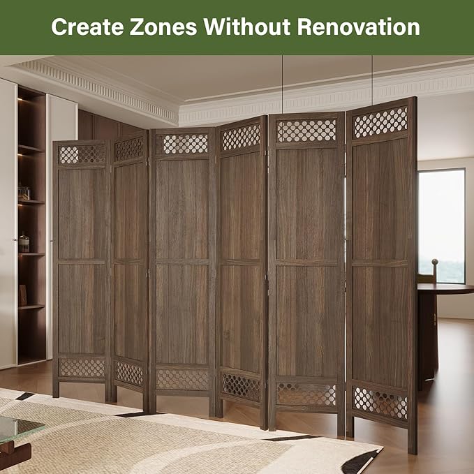 Privacy Screen Room Divider Panel - 67 Inch Tall Natural Wood Folding Partition Room Dividers, No-Assembly Required, Enhance Privacy and Aesthetic Appeal, Ideal for Home or Office Brown 6 Panel