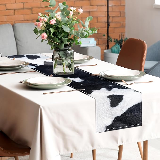 Linen Cow Print Table Runner 13x71 Inch Farmhouse Western White Black Cowhide Runners Table Decorations Rustic Coffee Table Runner for Home Kitchen Dining Room