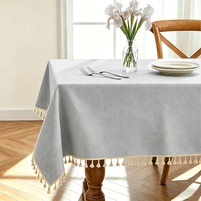 Alsoo Table Cloth Rectangle Table Heavy Duty Cotton Linen Texture Tablecloth Farmhouse Spill Proof Wrinkle Free Tables Cover with Tassel for Kitchen Dining Holiday Party, Light Grey, 55" x 120"