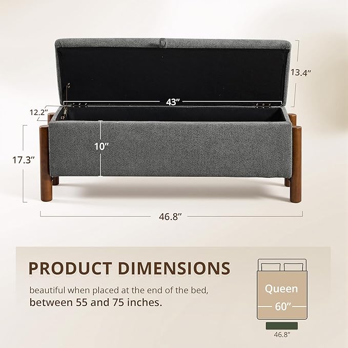 47'' Modern Storage Ottoman Benches with Walnut Wood Legs Ottoman Bench with 22 Gallons Storage Space Fabric Upholstered Seating End of Bed Bench for Bedroom for Livingroom Darkgrey