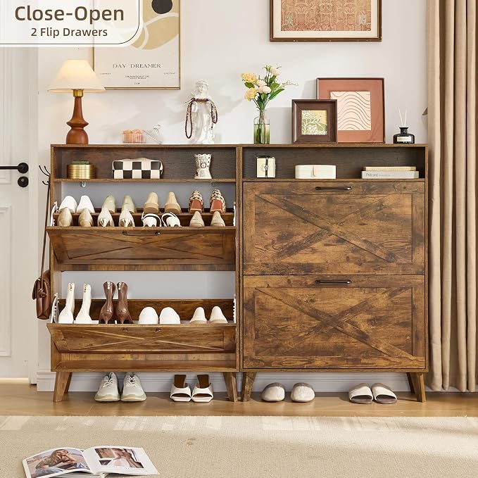 Joaxswe Shoe Cabinet Storage for Entryway with 2 Flip Drawers 2 Hook Open Storage Layer Rack Narrow Organizer Slim Hidden Wood Shoe Cabinet Furniture Rustic Brown