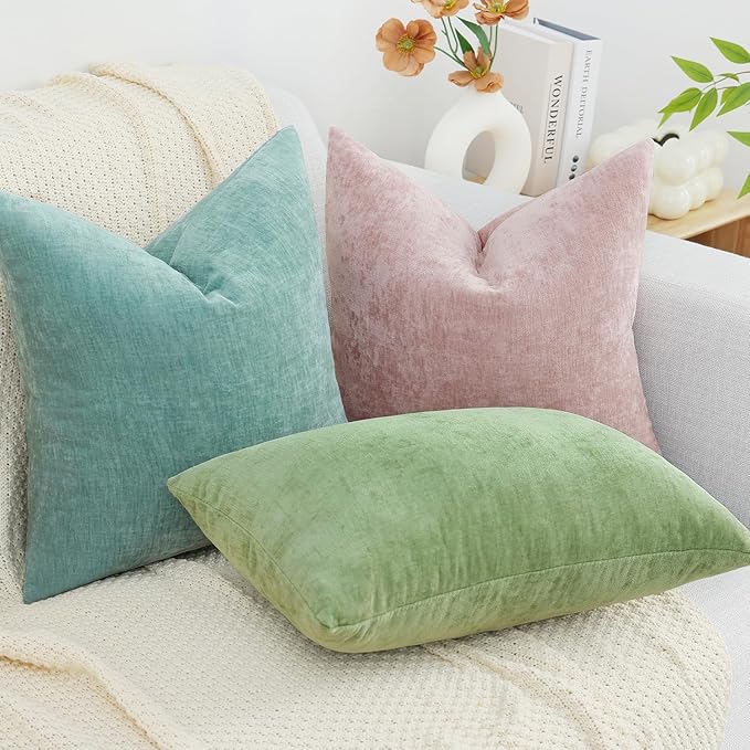 decorUhome Chenille Aqua Haze Throw Pillow Covers 22x22 Inch Set of 2, Decorative Soft Couch Pillow Covers Solid Dyed Accent Farmhouse Neutral Square Pillow Cases for Sofa