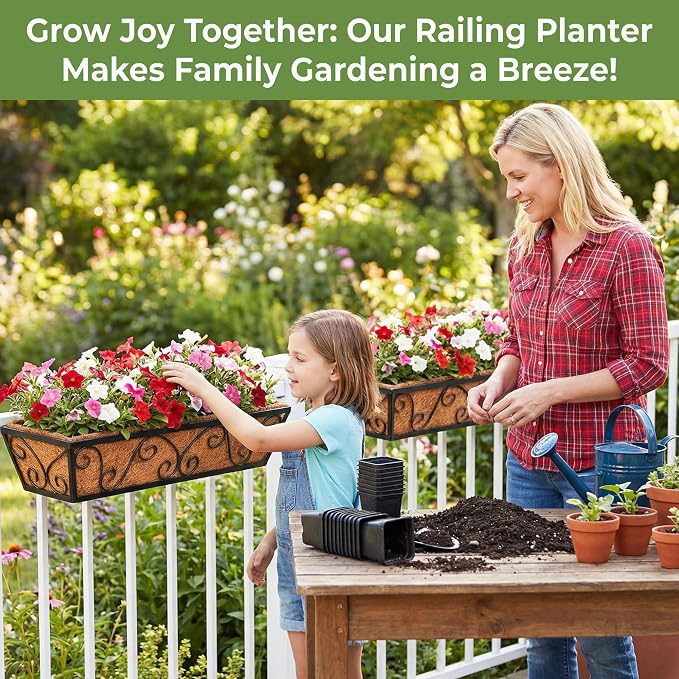6PCS 30 Inch Railing Planter with Adjustable Brackets, Window Box with Coco Liner, Hanging Flower Box for Balcony Deck Fence, Metal, Black