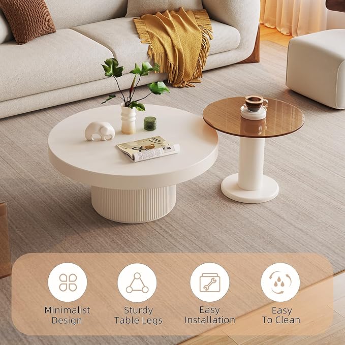 Nesting Coffee Table Set of 2 Round Coffee Tables Modern Wood Living Room Table Space Saving Side Accent Table for Apartment Small Space Minimalist Contemporary Furniture