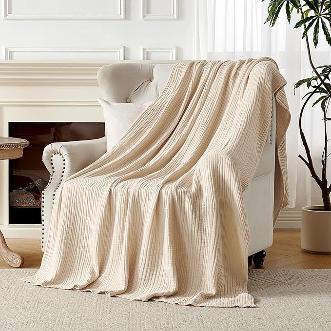 Joydeco 100% Cotton Muslin Throw Blanket for Couch Bed and Sofa, 4-Layer Lightweight and Breathable Soft Gauze Blanket for All Season, Light Tan, 90"x90"