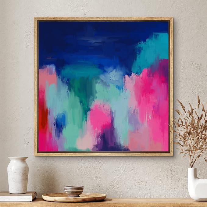 SIGNWIN Framed Canvas Print Wall Art Pastel Blue and Pink Watercolor Collage Abstract Shapes Illustrations Modern Art Rustic Colorful Neon for Living Room, Bedroom, Office - 16"x16" Natural
