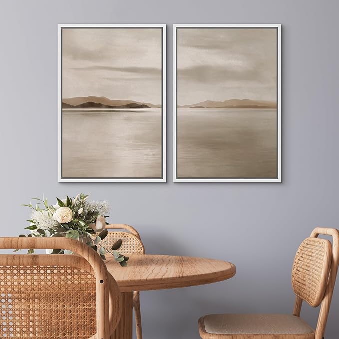 SIGNWIN Framed Canvas Print Wall Art Sepia Lakeside Mountains Illustrations Modern Art Minimal Boho Relax/Calm for Living Room, Bedroom, Office - 24"x36"x2 WHITE
