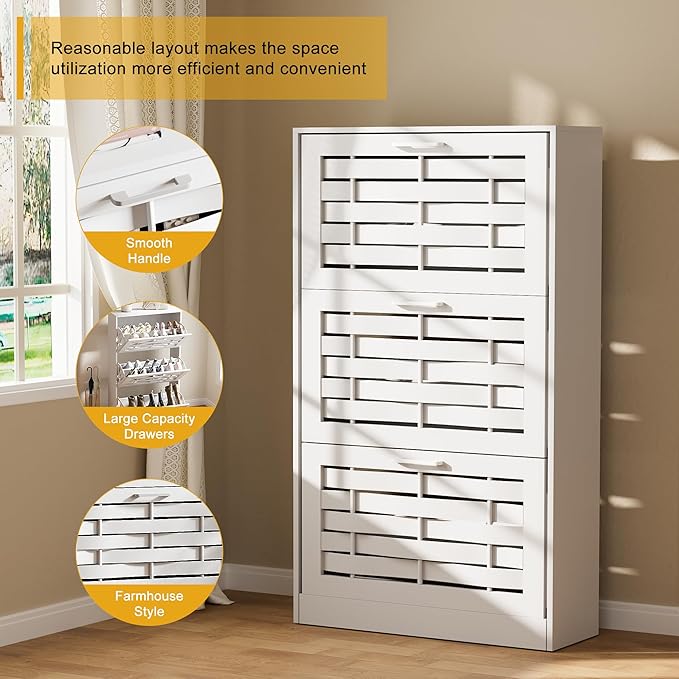 White Shoe Cabinet Storage with 6 Flip Drawers for Entryway, Slim Shoe Rack Cabinet with Woven Design Drawers, Narrow Shoe Organizer for Hallway, Apartment (White, 6 Drawers)