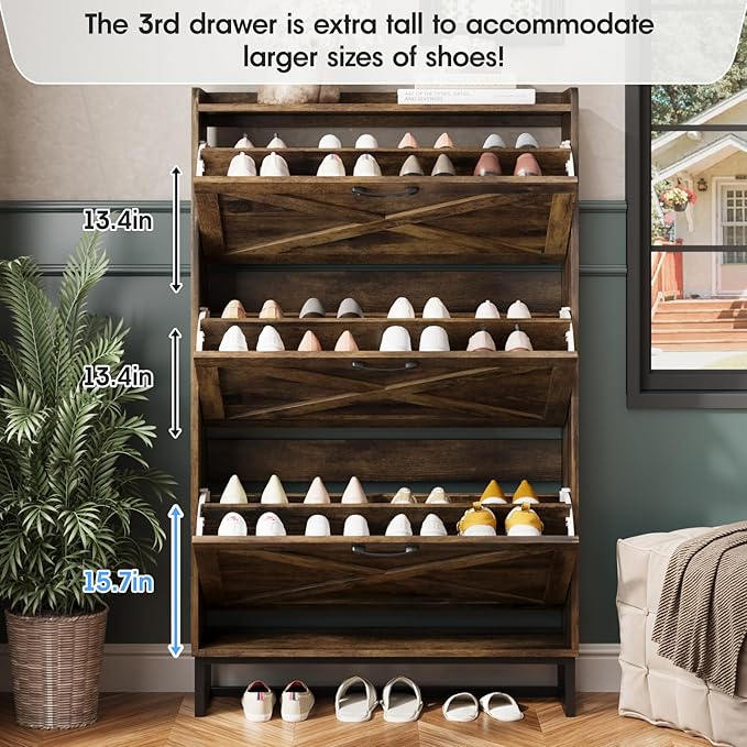 Maupvit Shoe Storage Cabinet with 3 Flip Drawers, Freestanding Organizer with Metal Legs for Entryway, Narrow Shoe Rack Cabinet, Rustic Brown