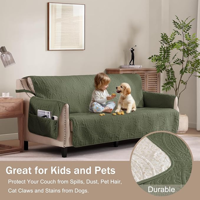 Olive Green Loveseat Covers for 2 Cushion Couch, Water-Repellent Slip Covers for Sofa, Washable Love Seat Quilted Couch Cover, Pet Friendly Loveseat Slipcovers (Loveseat 48", Olive Green)