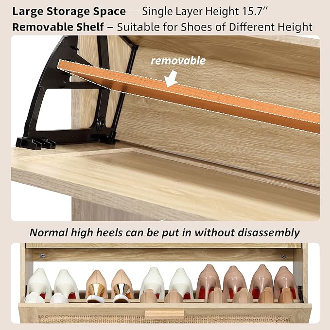 Finnhomy Extended Edition Shoe Cabinet with Natural Rattan Flip Drawers for Entryway, Free Standing 2 Tier Slim Shoe Organizer with Large Top Board, Shoe Cabinet with 3-Gear Adjustable Width Drawers