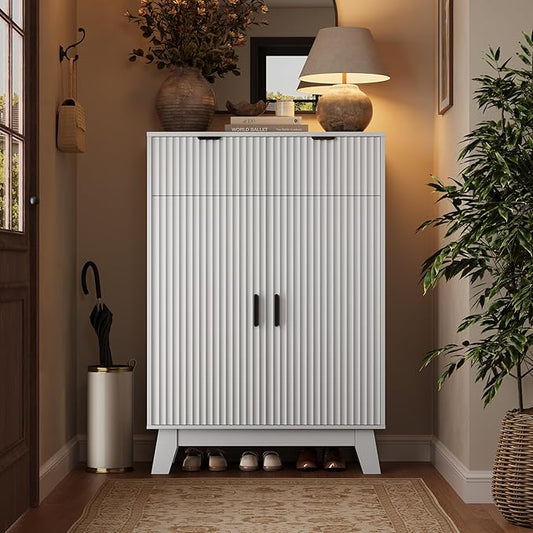Fluted Shoe Cabinet, 4-Tier Mid Century Modern Narrow Shoe Storage Cabinet with Doors & 2 Drawers, Adjustable Shelves, Freestanding Hidden Shoe Rack Organizer & Wooden Legs for Entryway