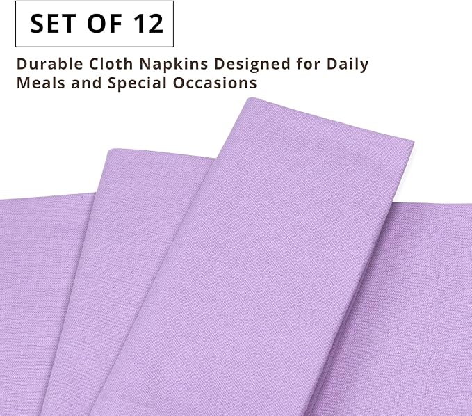 PurpleEssences Set of 12 Cloth Dinner Napkins 100% Cotton 18x18 Inch - Soft Durable Washable - Ideal for Farmhouse Party Spring Easter Summer - Perfect Everyday Use Table Linen - Lavender