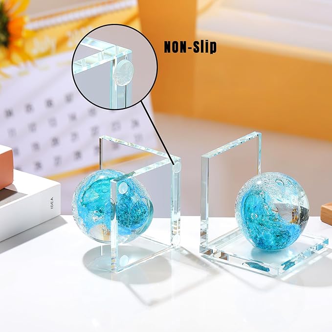 Book Ends for Shelves, Glass Bookends with Turquoise Crystal Hand Blown Sea Wave Ball, Non Skid Sturdy Glass Decorative Bookends for Ocean Lovers, Heavy Books, Office, Set of 2