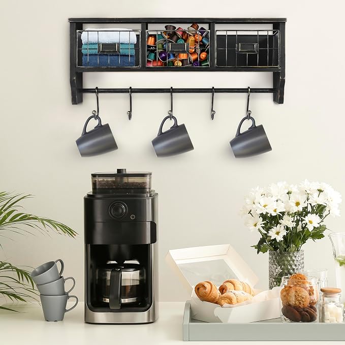 BizChair Wall Mounted Storage Rack - Blackwashed Solid Pine Wood - 24 Inch - Upper Shelf - 5 Hooks - Wire Baskets - For Entryway, Kitchen, Bathroom