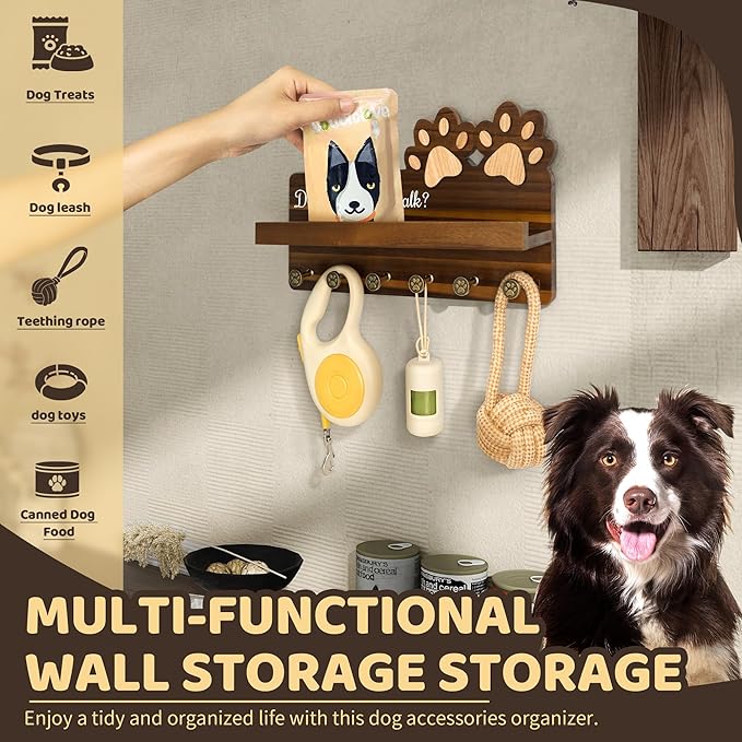 Rebee Vision Dog Leash Holder for Wall with Shelf – Wooden Key Holder Wall Mount with 6 Hooks & Floating Shelf – Cute Farmhouse Home Decor for Entryway, Living Room, Kitchen Decor(Dark Acacia)