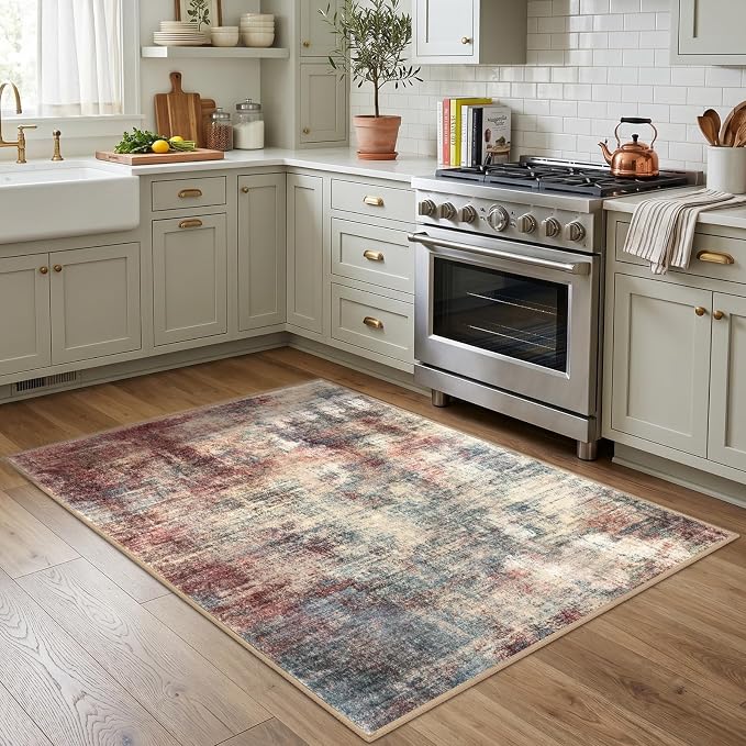 IOHOUZE Abstract Area Rug 4x5 Ft Washable Rugs for Entryway Indoor, Non Slip Small Living Room Rugs Printed Faux Wool Throw Rug, Floor Carpet for Kitchen Nursery Playroom, Red/Multi