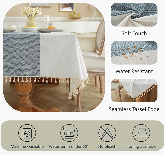 Alsoo Blue Tablecloth Rectangle 55 x 90 Inch, Waterproof Fade Resistant Table Cloth Cotton Linen Fabric for Outdoor Beach Coastal Dining Picnic Summer