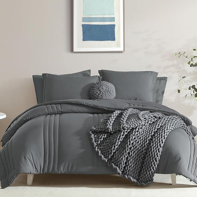 Monbix Full Size Comforter Sets - 7 Pieces Grey Bed in a Bag Full Size Bedding Sets with Comforters, All Seasons Comforter with Sheets, Pillowcases & Shams