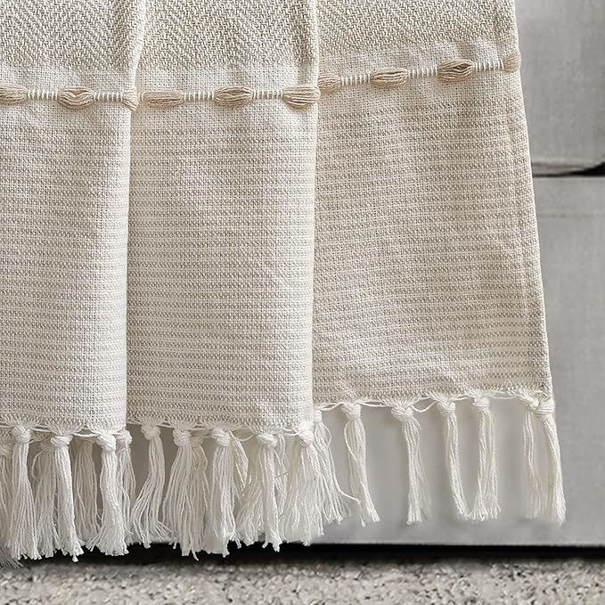 Lush Decor Herringbone Stripe Woven Tassel Yarn Dyed Cotton Throw Blanket 50" W x 60" L Neutral & White - Striped Throw Blankets - Beige Couch Blanket
