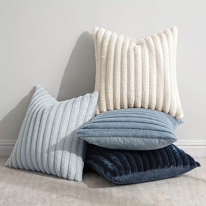 MIULEE Faux Fur Plush Decorative Throw Pillow Covers 16x16 Set of 4, Spring Modern Soft Fuzzy Coastal Striped Cushion Covers for Sofa Couch Bed Living Room Cozy Home Decor,Navy Blue