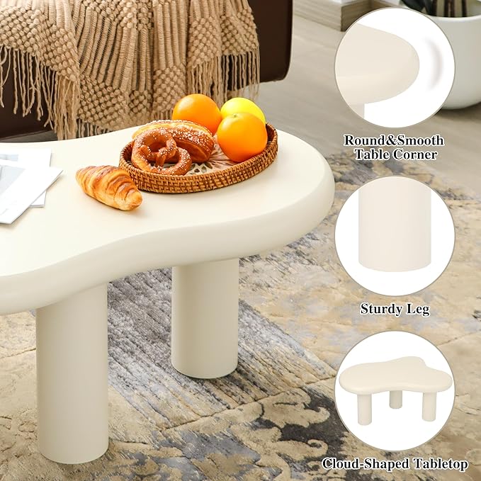 34"(L) Cloud Coffee Table, Modern Wood Coffee Table for Living Room, Accent Center Tables with 3 Legs, Small Tea Tables for Balcony, Patio, Bedroom, Cream White