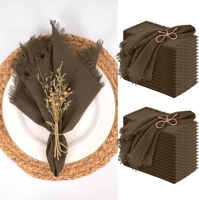 30 Packs Brown Napkins 16x16 Inch, Cotton Linen Handmade Cloth Napkins Bulk with Fringe - Soft Rustic Boho Napkins for Wedding, Party, Christmas Event Dinner Birthday Table Decor