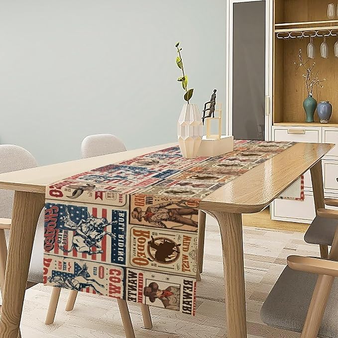 Vintage Cowboy Table Runner, Retro Western Rodeo Poster Home Decor Table Runner for Kitchen Dining Cafe Party, 13x60 Inch