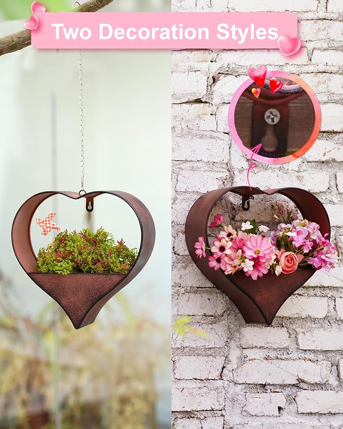 Metal Plant Hangers Indoor and Outdoor:Birthday Gifts for Mom Women Her Wife Garden Lovers - Heart Shape Hanging Planters for Window Wall Living Room Office Decor(Rustic)