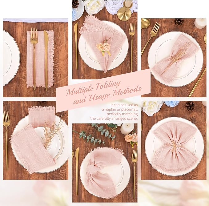 12 Pack Pink Cloth Napkins Cotton Linen Napkins with Fringe 16 x 16 Inch Soft Handmade Napkins Cloths Delicate Washable Rustic Dinner Napkin Cloths for Wedding Party Dinner Table Decor