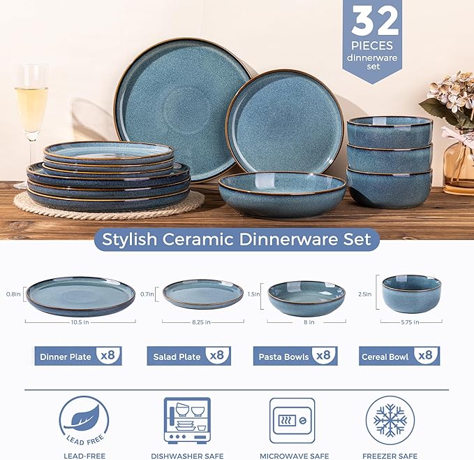 GBHOME 32 Pieces Double Bowls Ceramic Dinnerware Sets for 8, Stoneware Plates and Bowls Set with Reactive Glaze, Scratch Resistant Stoneware Dishes Set, Dishwasher & Microwave Safe