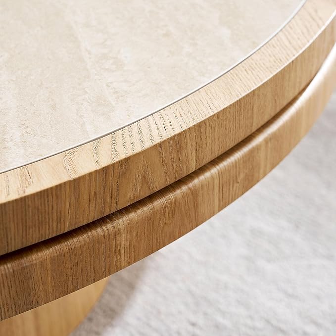 35.43" Farmhouse Round Coffee Table with Sintered Stone Tabletop, Sturdy Wood MDF Pedestal Coffee Tables for Living Room, Modern Circle Center Tea Table for Apartment, Office Bedroom Natural