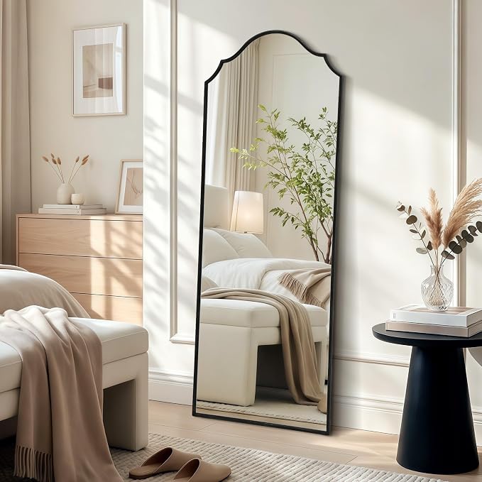 Besdomus Scalloped Full Length Mirror: 21"x56" Black Arched Floor Mirror - Minimalist Modern Wooden Frame Long Body Standing for Wall/Bedroom/Cloakroom/Entryway/Living Room - Home Decor for Housewife