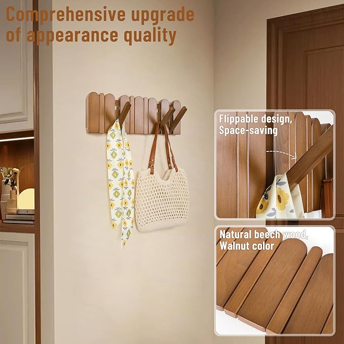 Wall Coat Rack for Entryway: Wooden Modern Heavy Duty 6 Hooks Retractable Wall Mounted for Small Spaces Hallway Bathroom Bedroom for Hanging Jacket Towel Backpack Bag