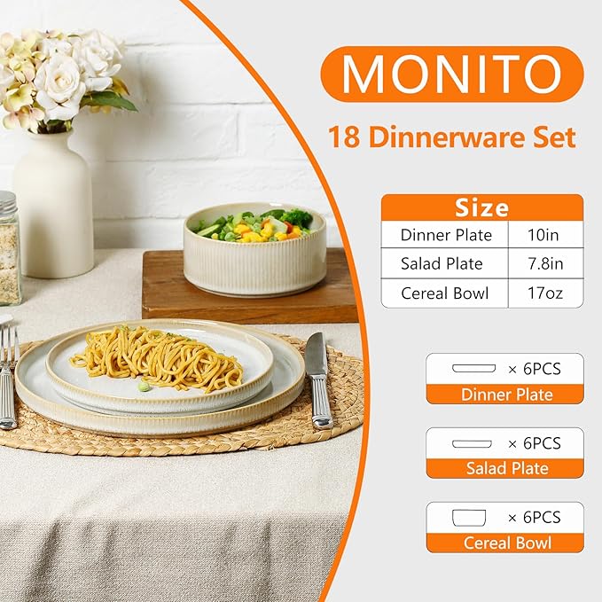 MONITO Ceramic Dinnerware Sets for 6, 18PCS Stoneware Plates and Bowls Sets, Reactive Glaze Dish Set, Chip and Scratch Resistant Double, Microwave and Dishwasher Safe, Beige