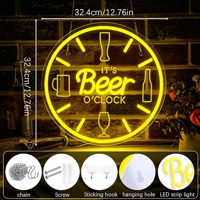 Beer Neon Sign Bar Neon Sign for Wall Decor, LED Dimmable It's Beer O'Clock Neon Light, USB Powered Neon Signs for Man Cave, Home Bar, Basement Bar, Bachelor Party Decor, Pub Wall Decor