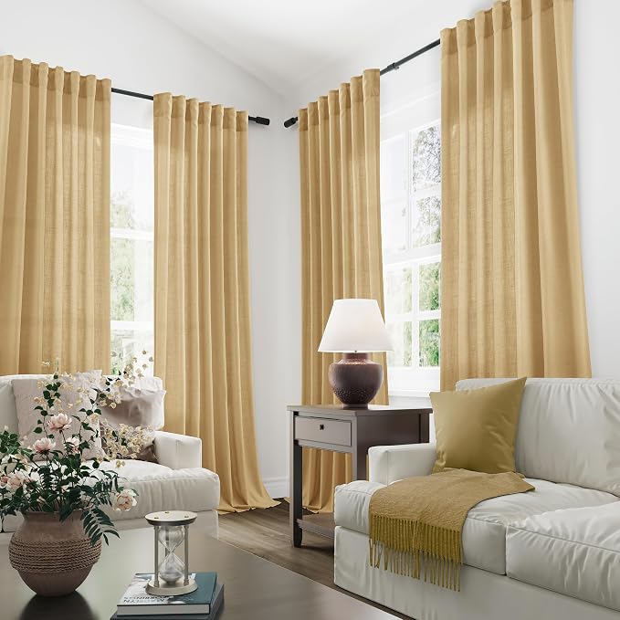 Joywell Gold Yellow Linen Curtains 90 Inches Length Light Filtering Neutral Farmhouse Boho Rod Pocket Back Tab Hook Belt Clip Rings Semi Sheer Window Drapes for Bedroom Living Room 2 Panels 52x90