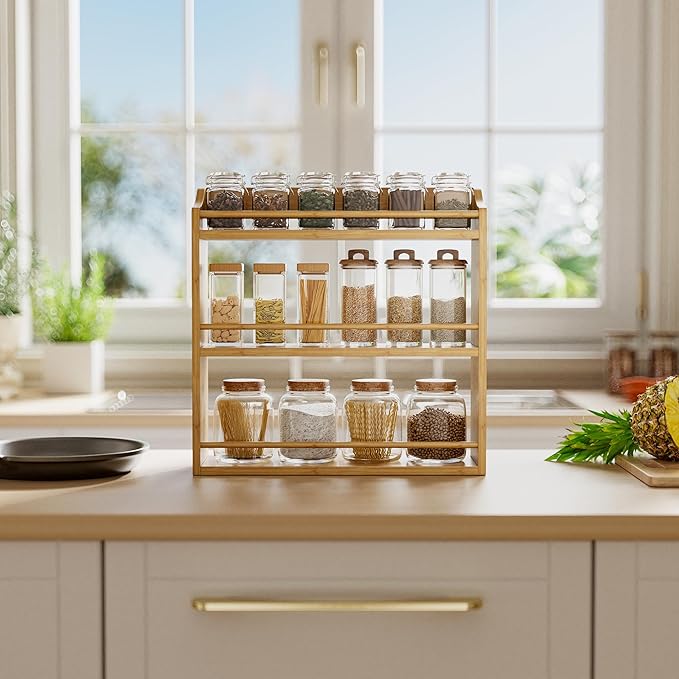 STELLSTAR Spice Rack Wall Mounted, Spice Organizer for Counter, Bamboo Spice Storage Holder for Kitchen Cabinet, Pantry (Spice Jars Not Included, Natural)