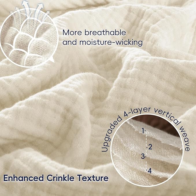 PHF 100% Cotton Muslin Throw Blanket 50" x 60", 4-Layer Lightweight Gauze Throw, Breathable Cloud-Soft Minimalist Blanket for Bed, Couch, Camping, Birch, Ideal Gift