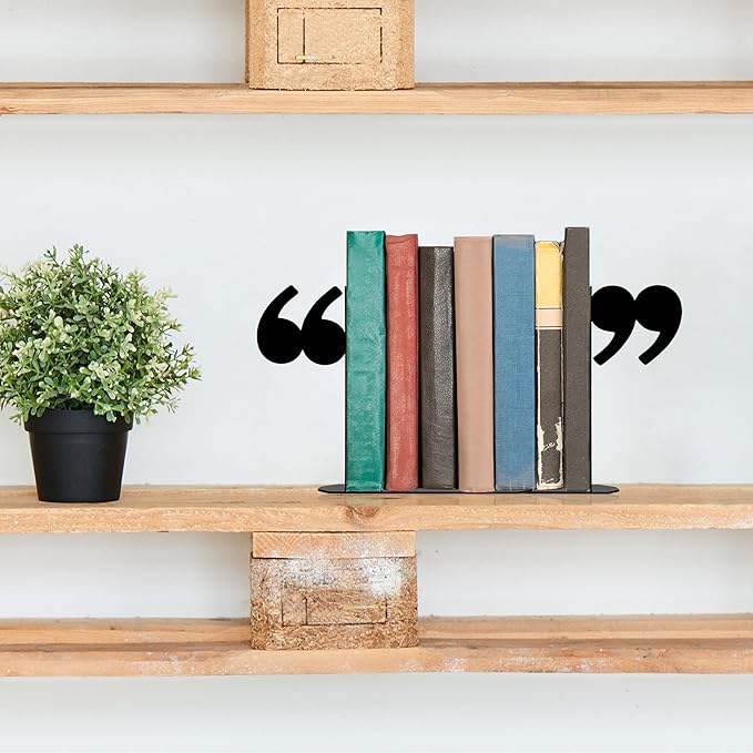 Bookends Decorative Unique Novelty Book Ends for Kids Books - Unique Bookends Decorative Metal Quotation Mark Design Bookshelf Decor, Bookish Decor for Shelves and Book Lovers Gift Ideas